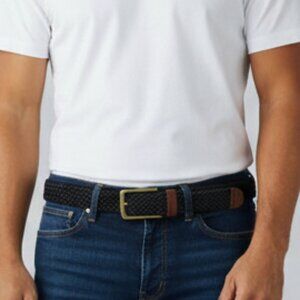 Paul Stuart Belt 44 Mens Stretch Woven Braided Navy Blue Brass Buckle Made Spain